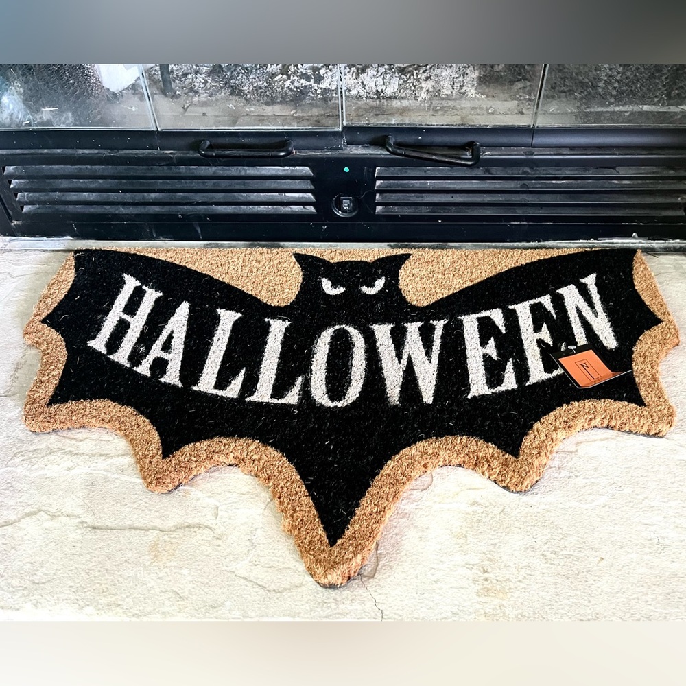 NWT Halloween Bat Shaped Doormat Natural Coir Mat Black Brown Goth Vampire Bat